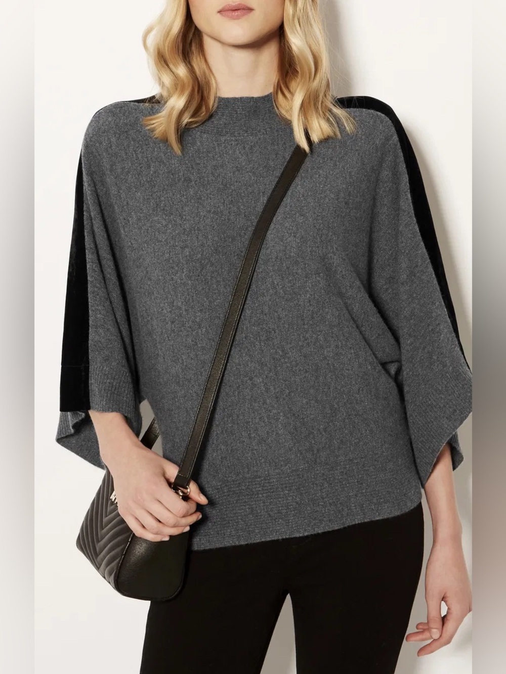Karen Millen women’s Grey Batwing Knit Poncho with Contrast Trim wool cashmere L